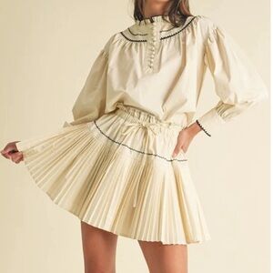 Cream Pleated Skirt and Blouse Set